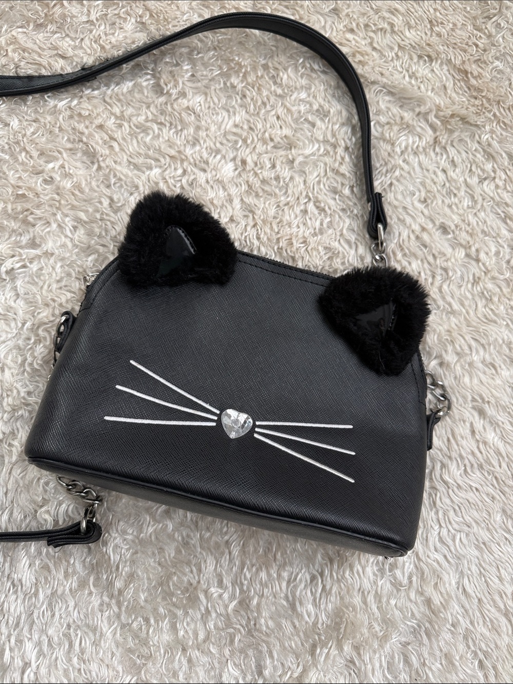 Betsey Johnson Black Cat Crossbody Bag with Faux Fur Ears